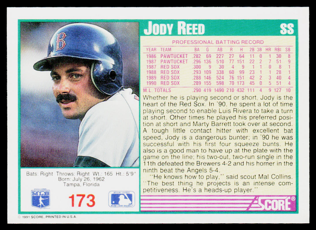 Jody Reed 1991 Score #173 Boston Red Sox