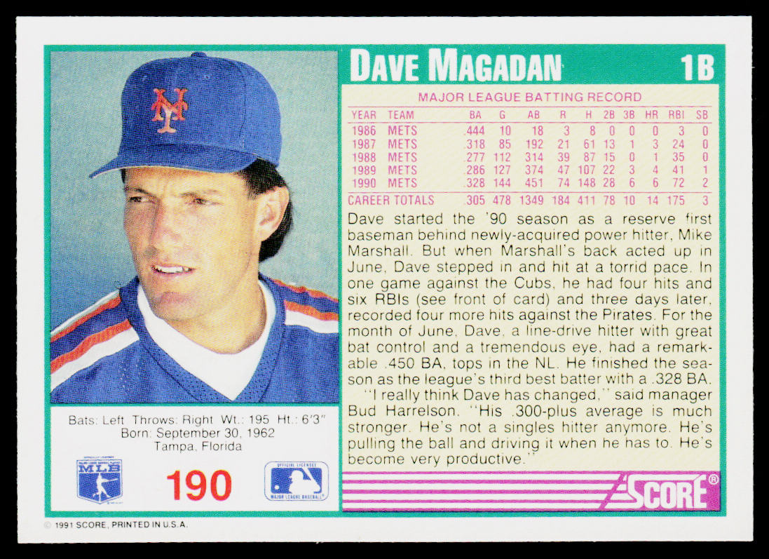 Dave Magadan 1991 Score Promos #190 New York Mets