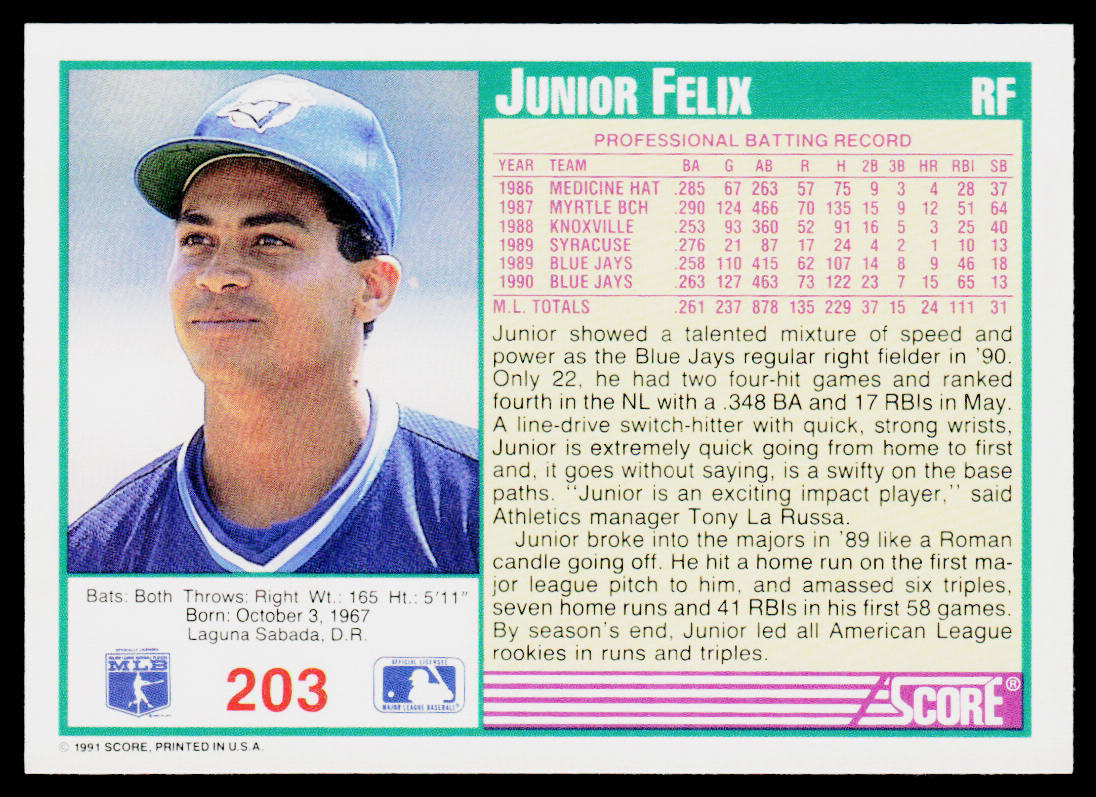 Junior Felix 1991 Score #203 Toronto Blue Jays