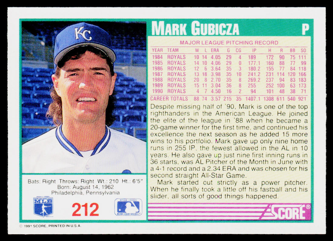 Mark Gubicza 1991 Score #212 Kansas City Royals