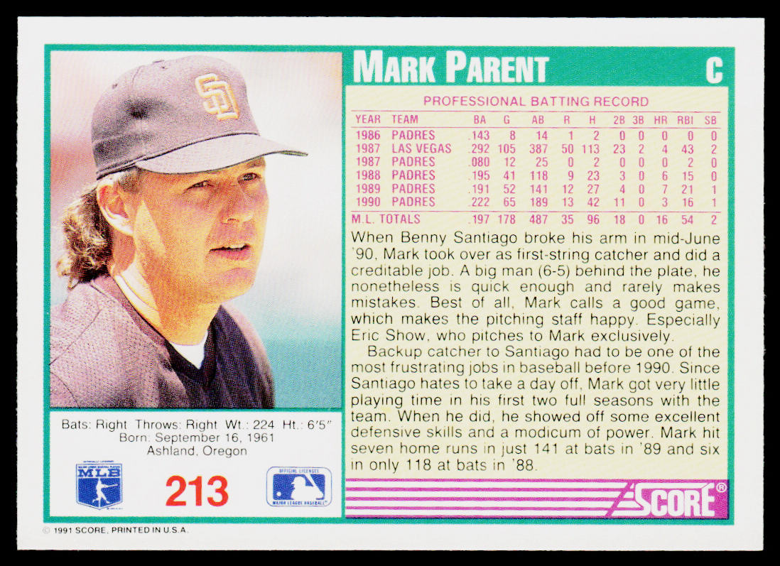 Mark Parent 1991 Score #213 San Diego Padres