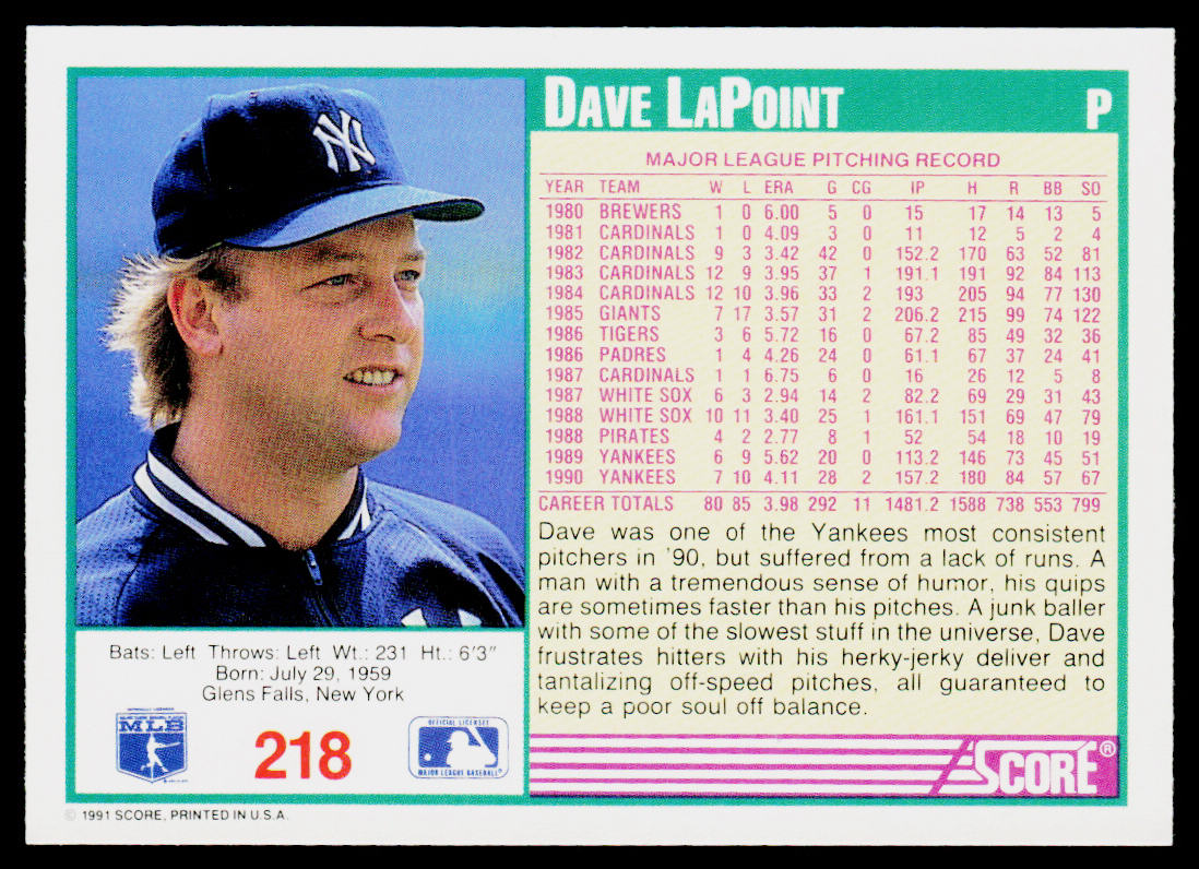 Dave LaPoint 1991 Score #218 New York Yankees