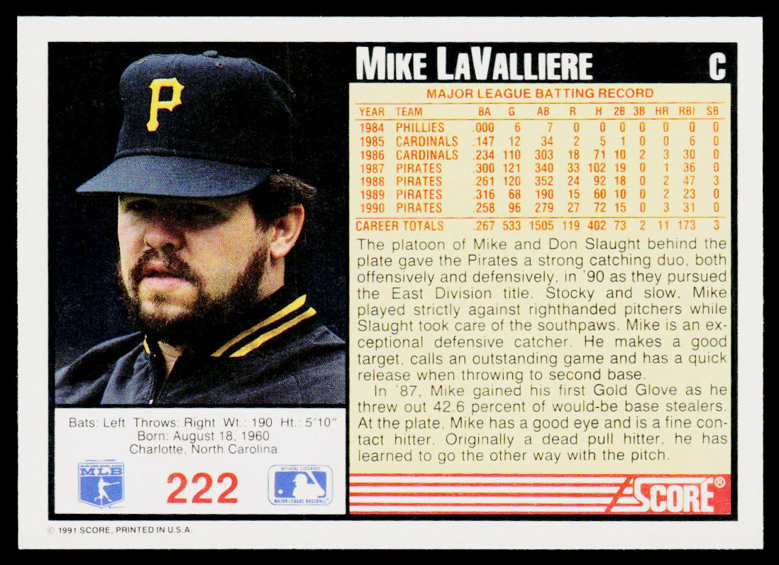 Mike LaValliere 1991 Score #222 Pittsburgh Pirates