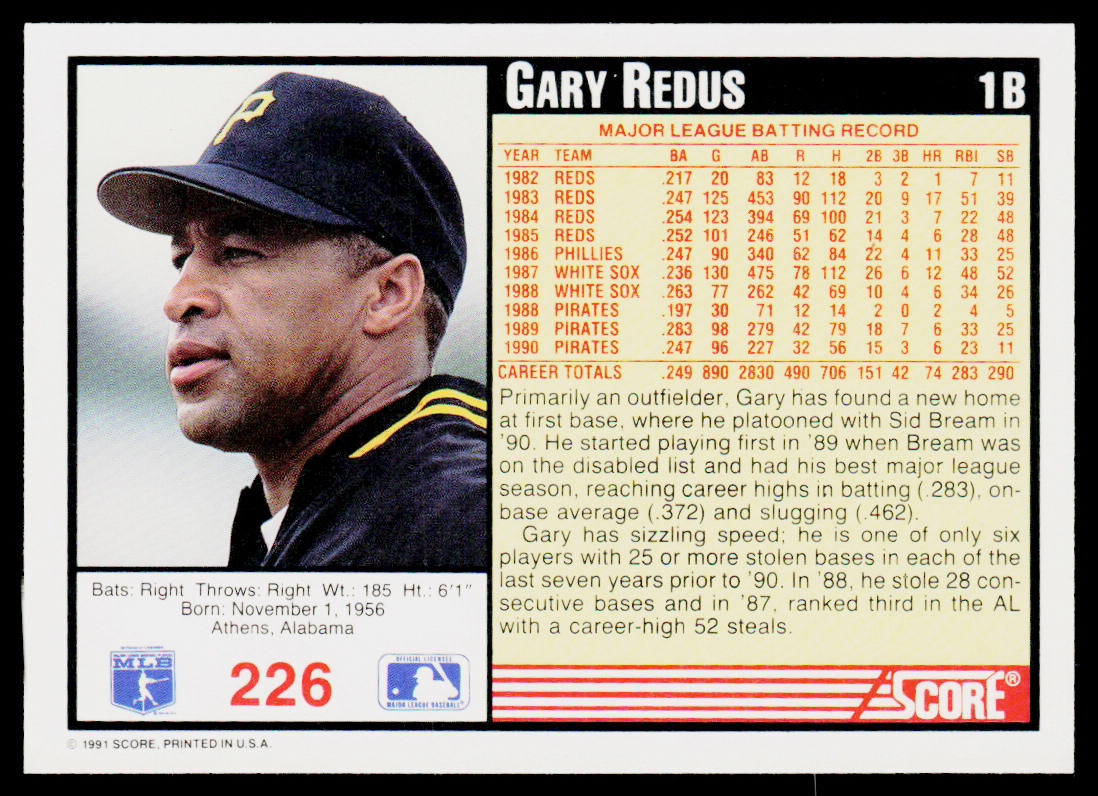 Gary Redus 1991 Score #226 Pittsburgh Pirates