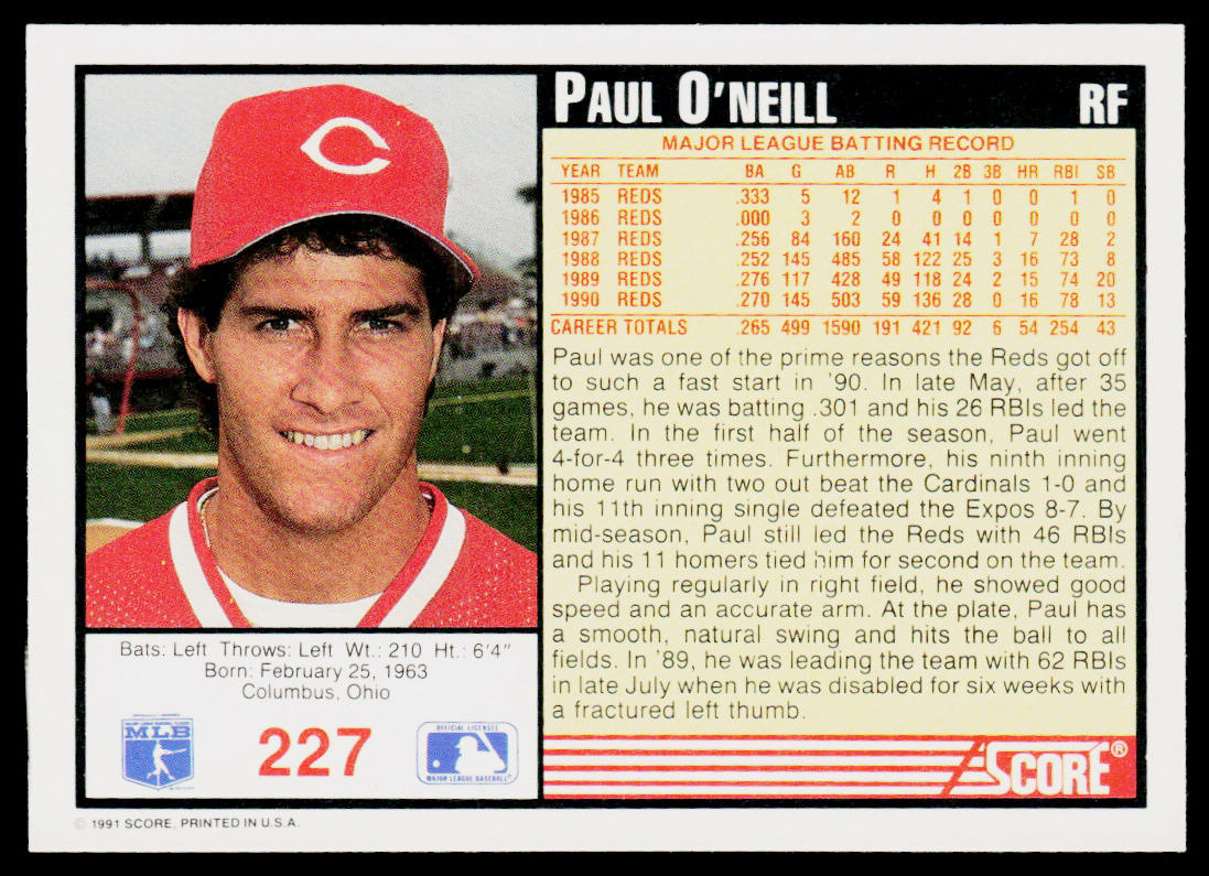 Paul O'Neill 1991 Score #227 Cincinnati Reds