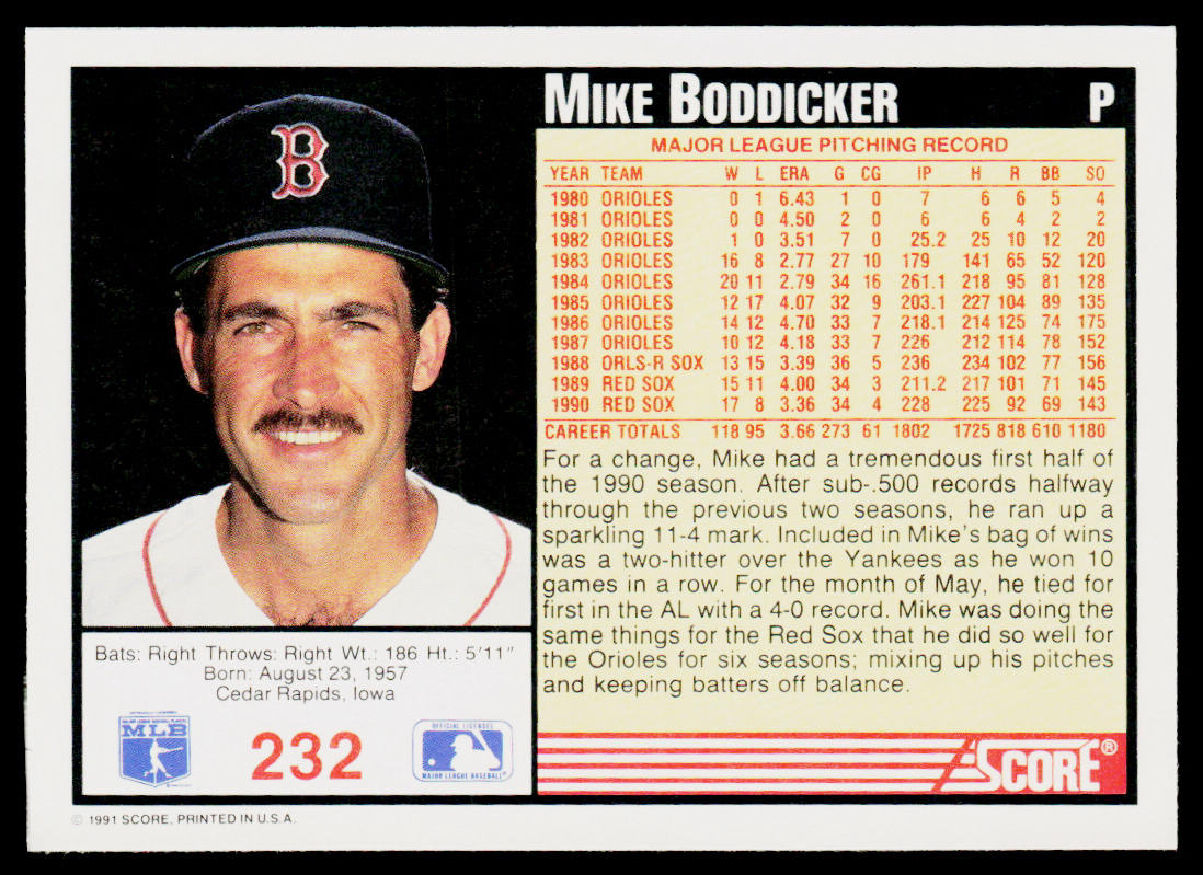 Mike Boddicker 1991 Score #232 Boston Red Sox