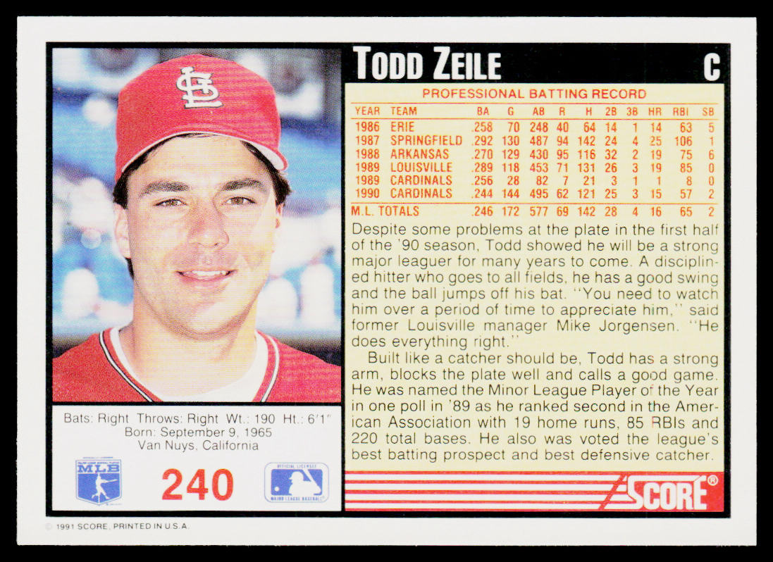 Todd Zeile 1991 Score #240 St. Louis Cardinals
