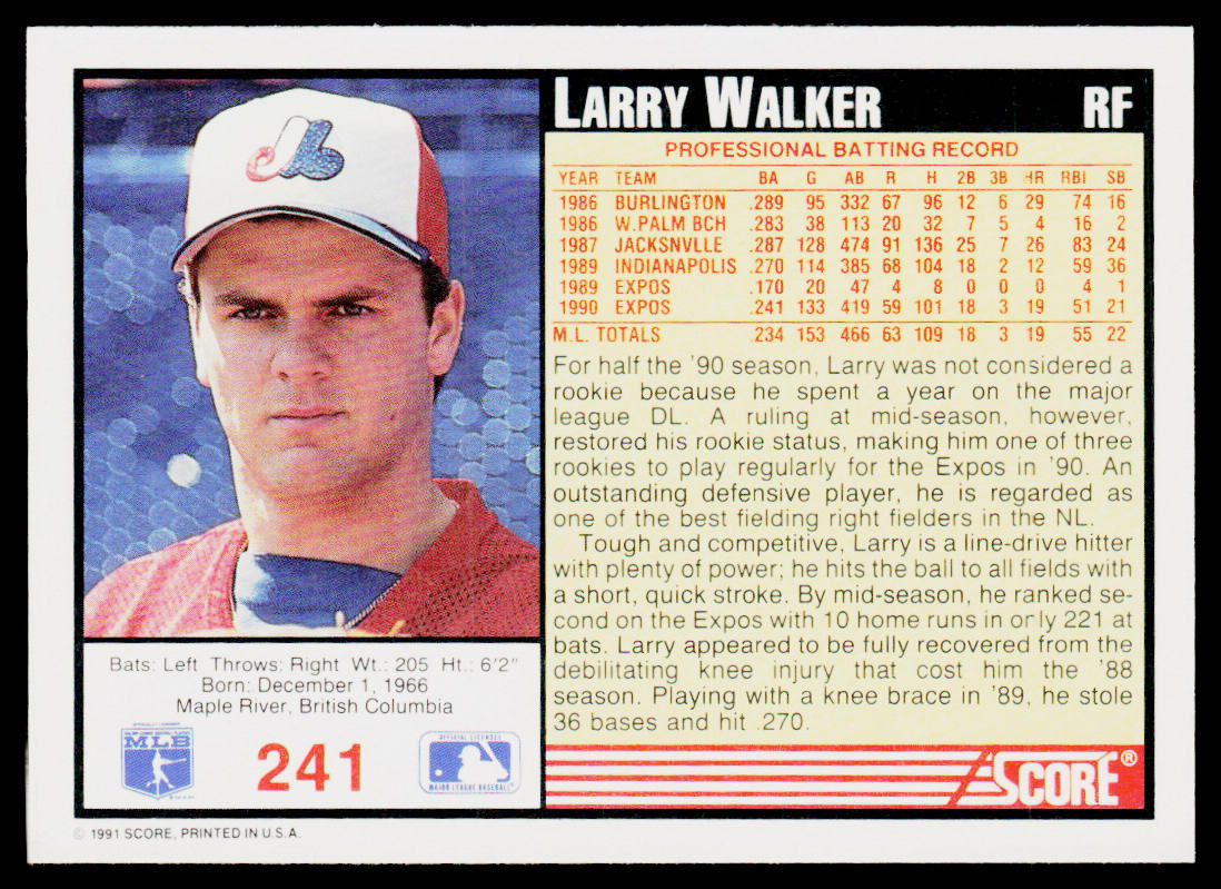 Larry Walker 1991 Score #241 Montreal Expos