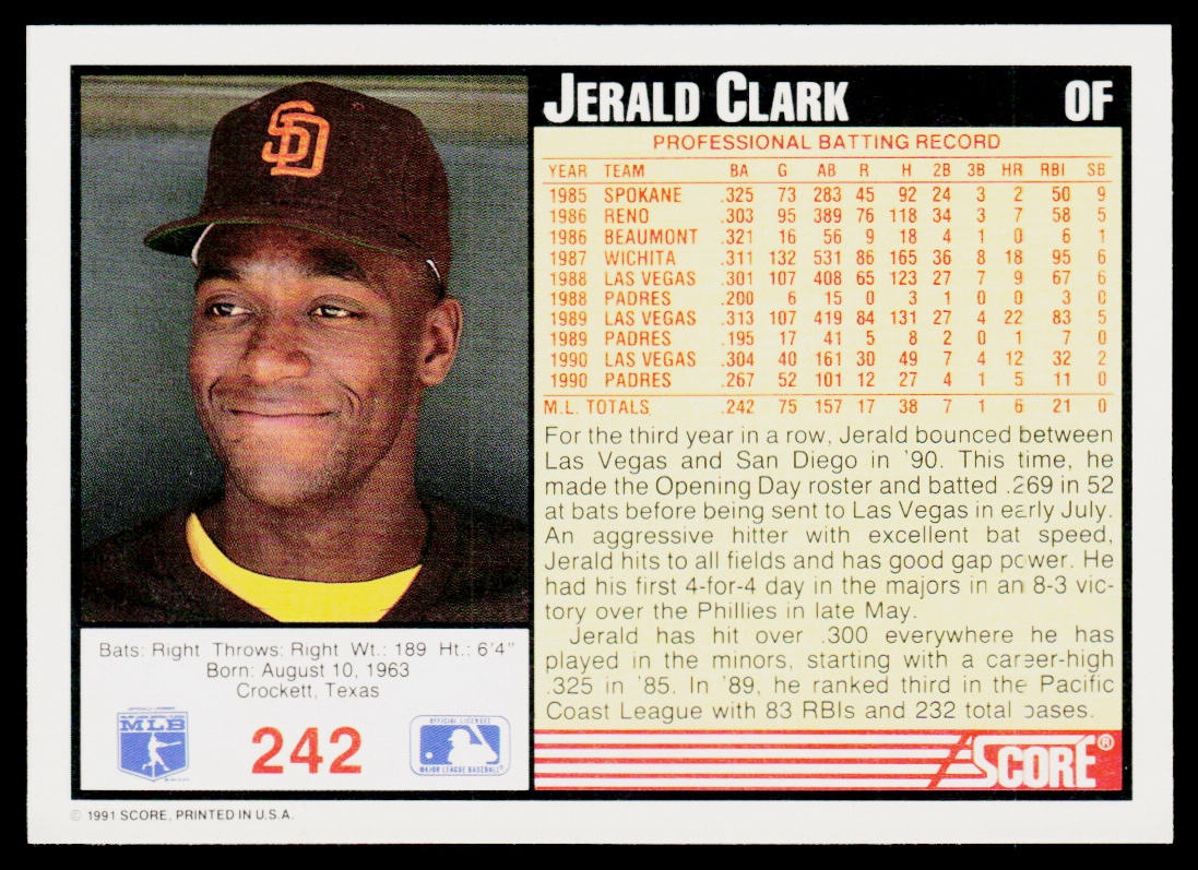 Jerald Clark 1991 Score #242 San Diego Padres