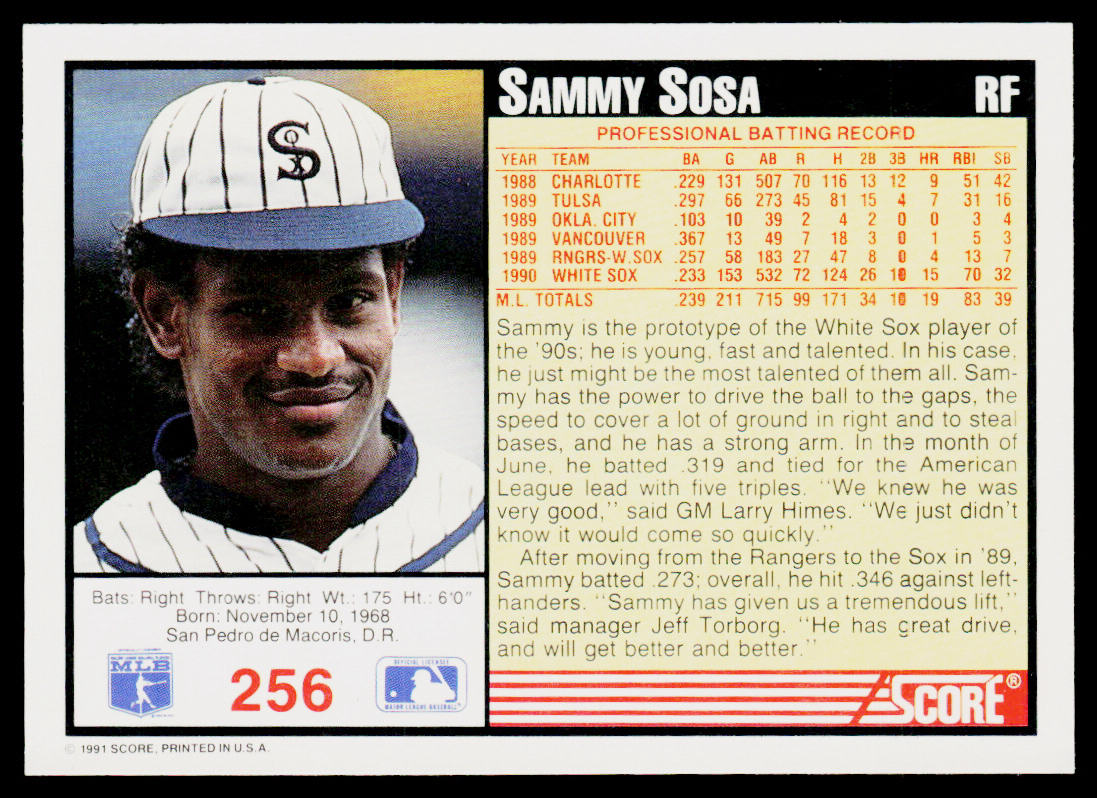 Sammy Sosa 1991 Score #256 Chicago White Sox