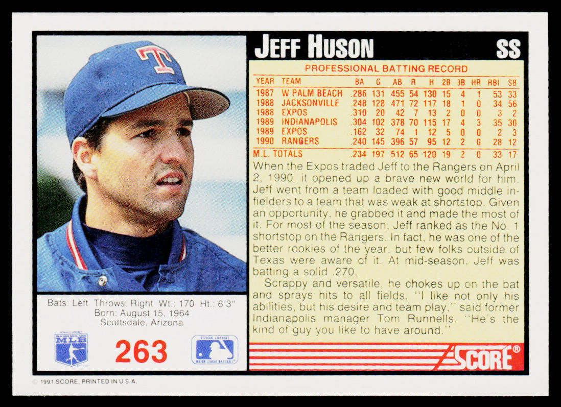 Jeff Huson 1991 Score #263 Texas Rangers