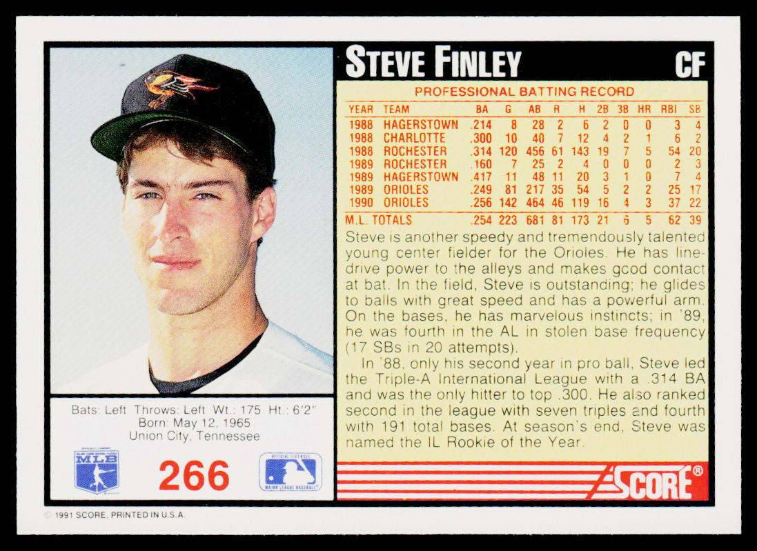 Steve Finley 1991 Score #266 Baltimore Orioles
