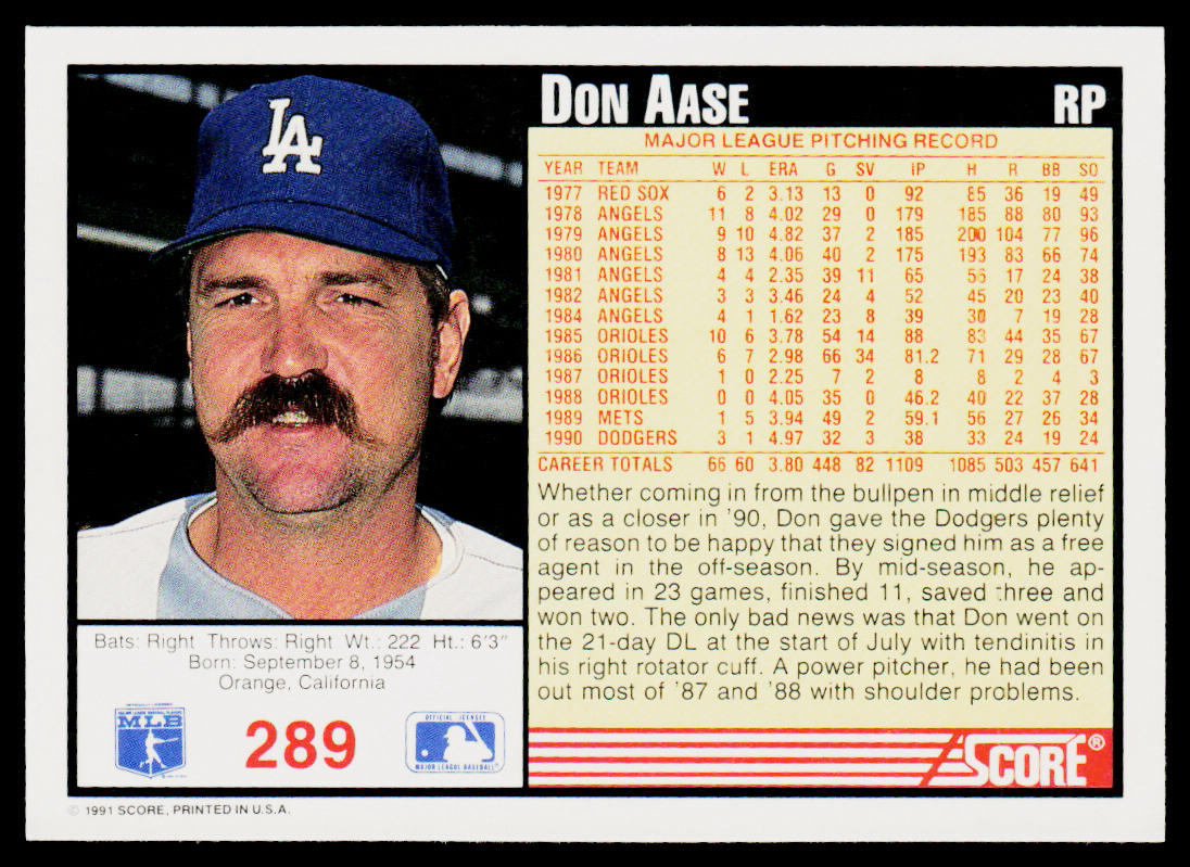 Don Aase 1991 Score #289 Los Angeles Dodgers