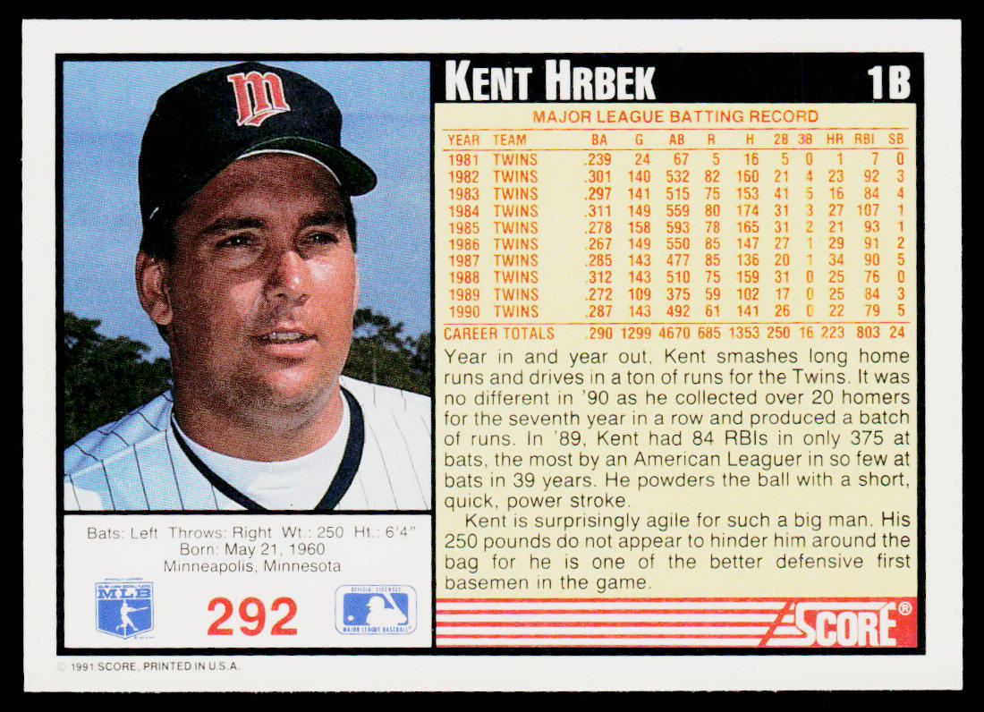 Kent Hrbek 1991 Score #292 Minnesota Twins