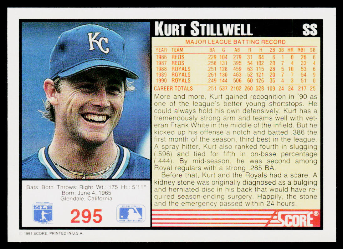Kurt Stillwell 1991 Score #295 Kansas City Royals