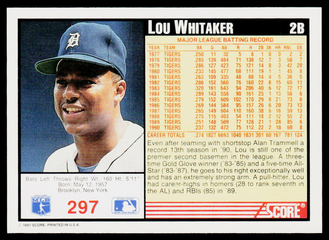 Lou Whitaker 1991 Score #297 Detroit Tigers