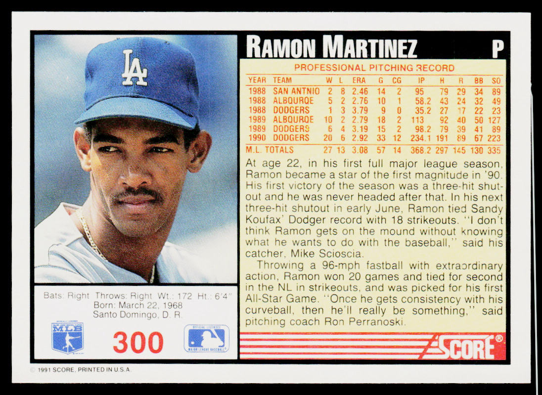 Ramon Martinez 1991 Score #300 Los Angeles Dodgers