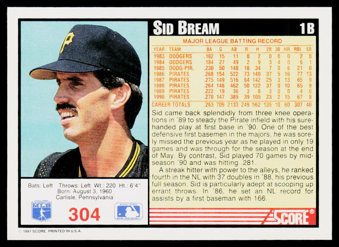 Sid Bream 1991 Score #304 Pittsburgh Pirates