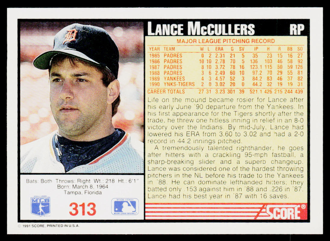 Lance McCullers 1991 Score #313 Detroit Tigers