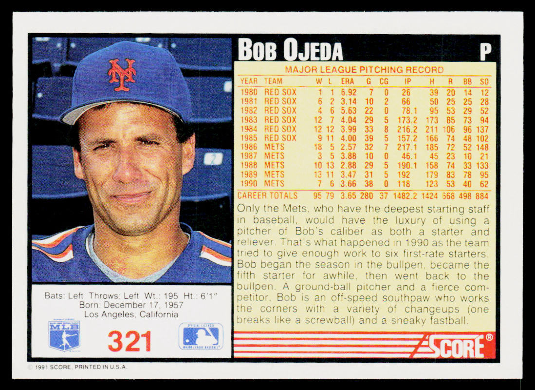 Bob Ojeda 1991 Score #321 New York Mets