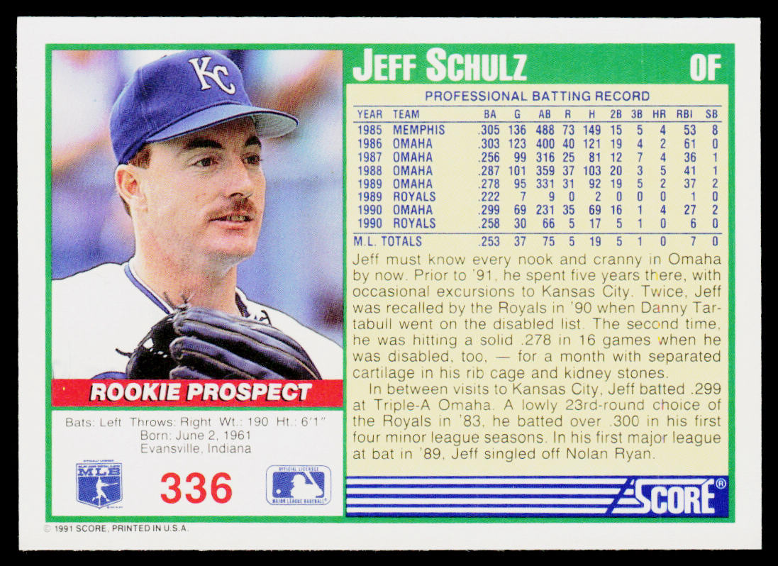 Jeff Schulz 1991 Score #336 RC Kansas City Royals