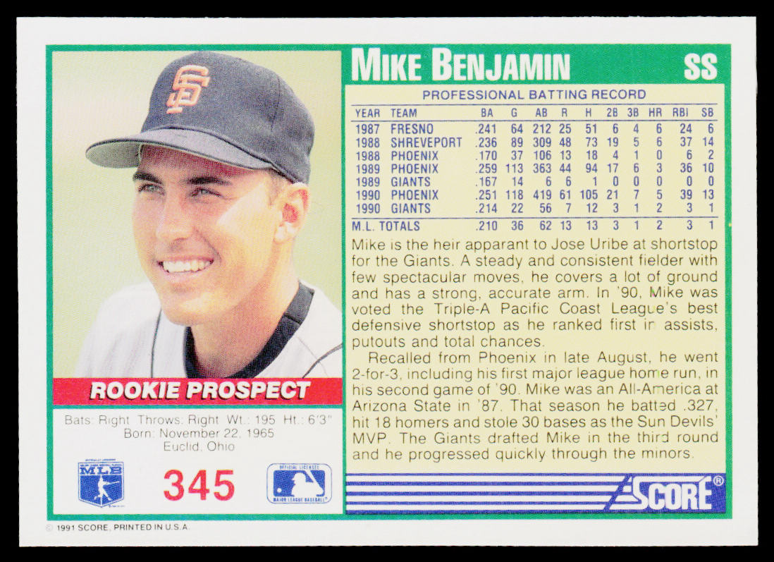 Mike Benjamin 1991 Score #345 San Francisco Giants