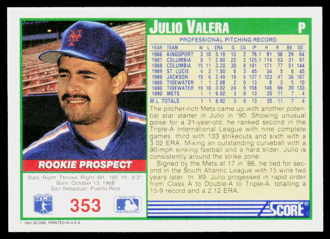 Julio Valera 1991 Score #353 New York Mets