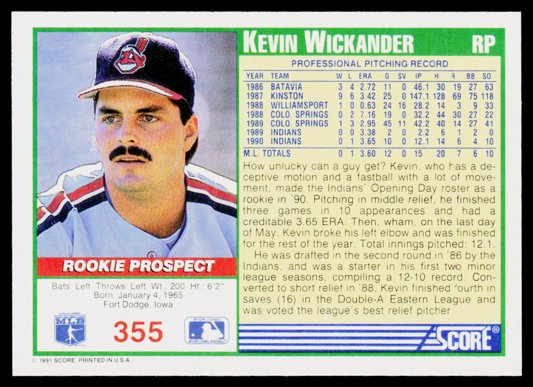 Kevin Wickander 1991 Score #355 Cleveland Indians
