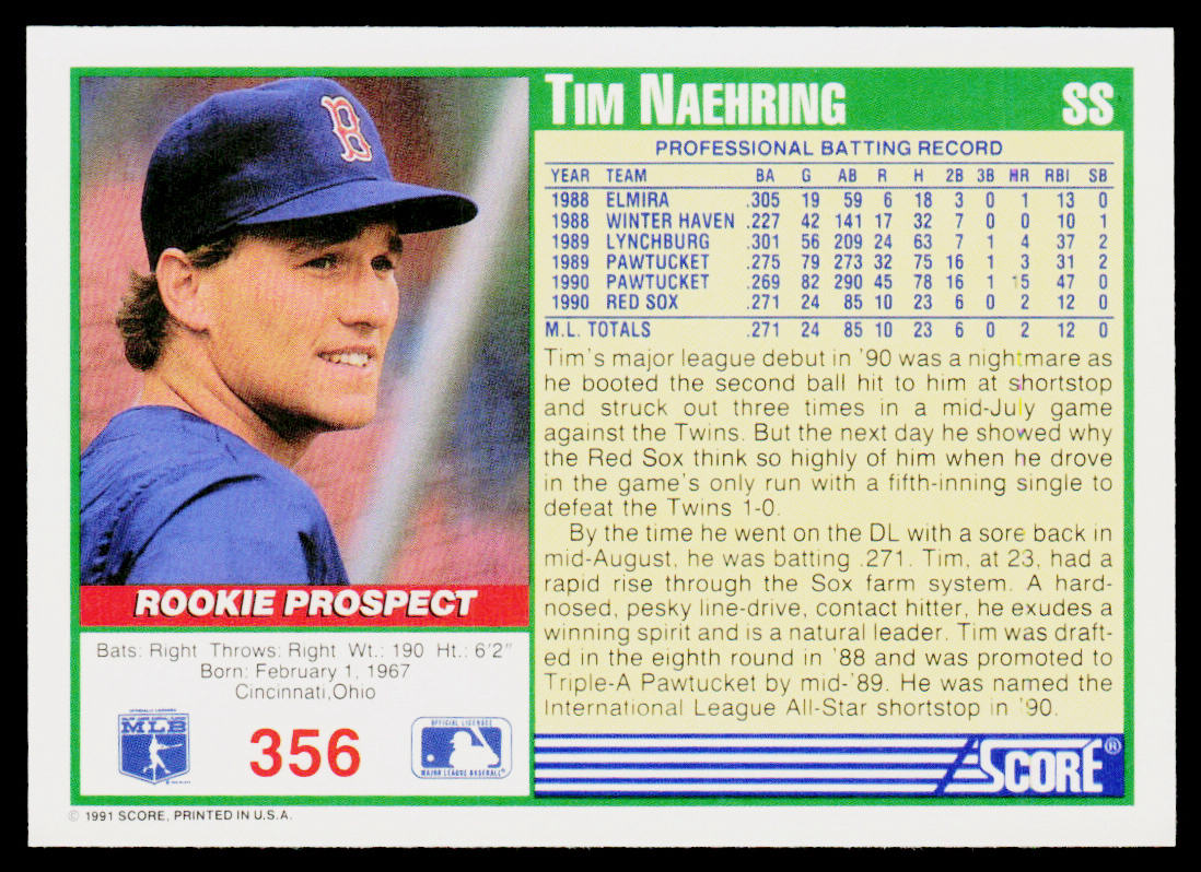 Tim Naehring 1991 Score #356 Boston Red Sox