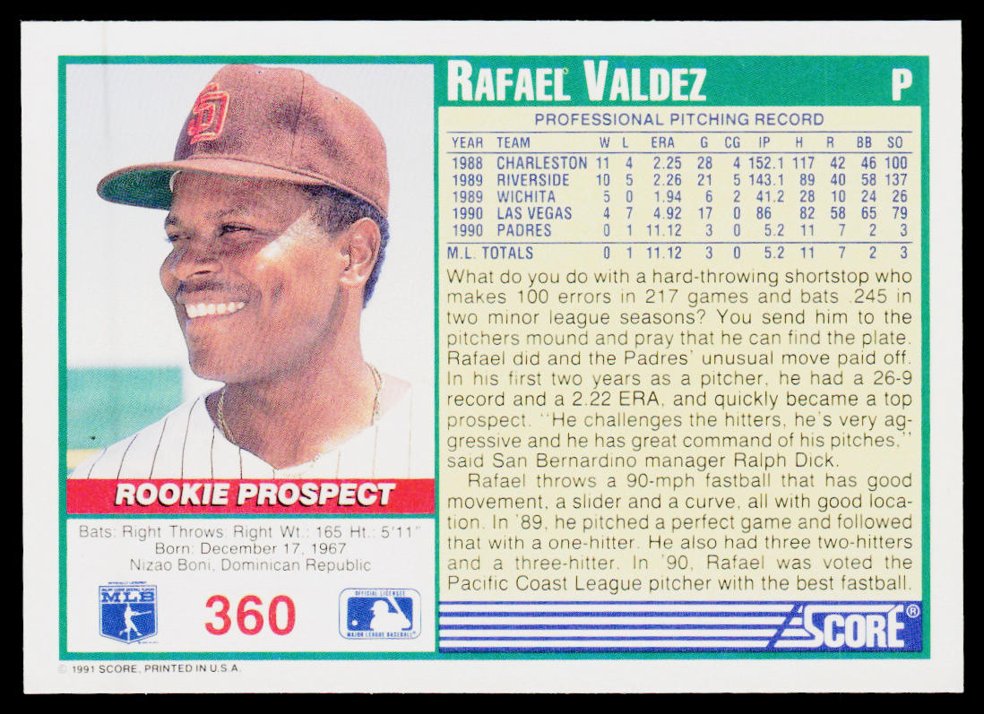 Rafael Valdez 1991 Score #360 San Diego Padres