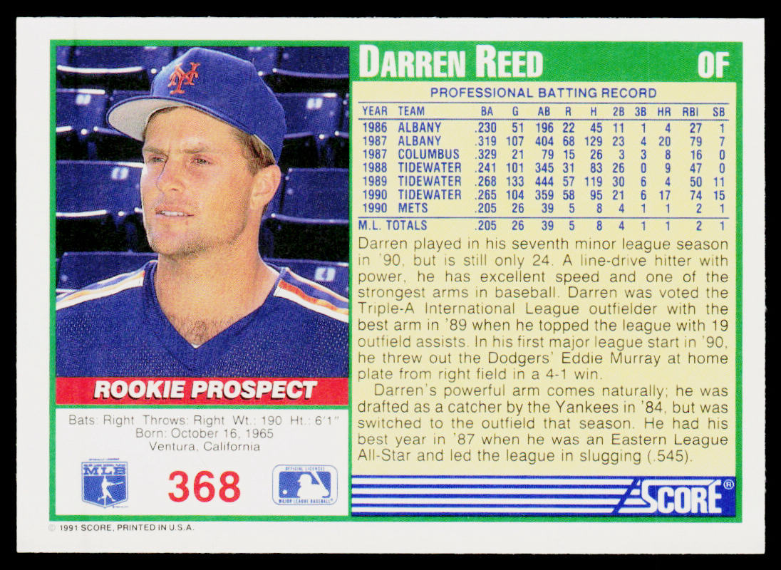 Darren Reed 1991 Score #368 RC New York Mets