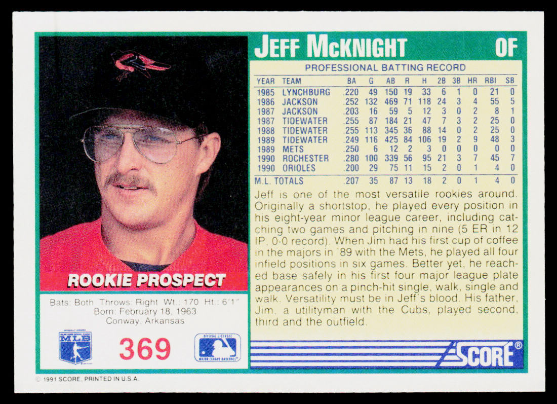 Jeff McKnight 1991 Score #369 Baltimore Orioles