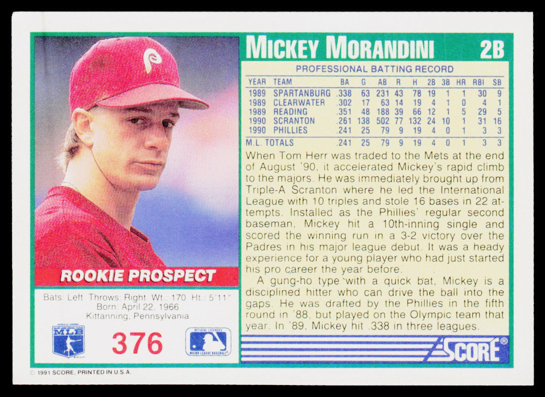 Mickey Morandini 1991 Score #376 Philadelphia Phillies