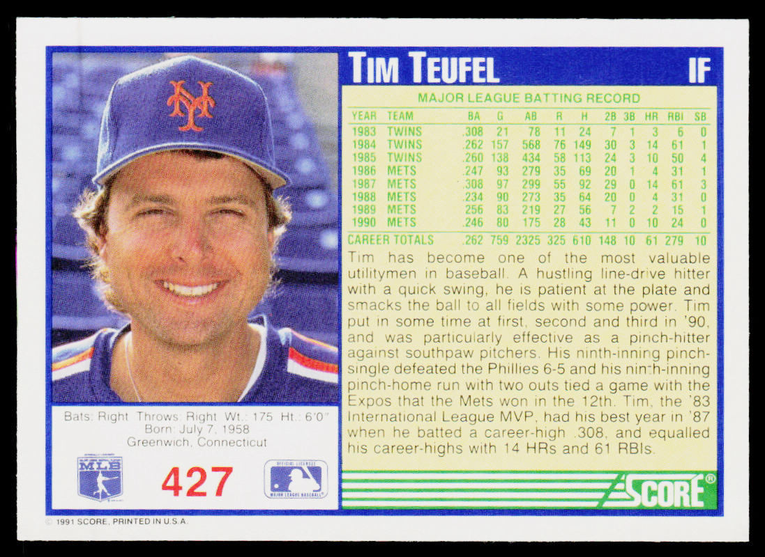 Tim Teufel 1991 Score #427 New York Mets