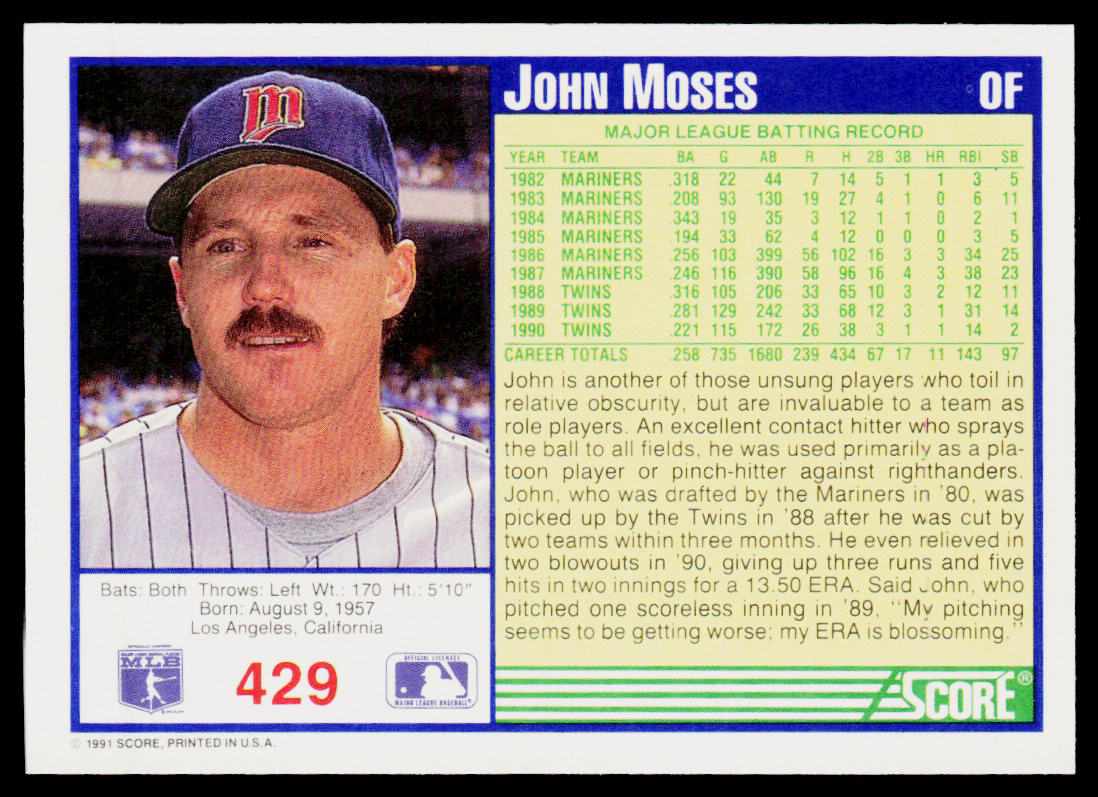 John Moses 1991 Score #429 Minnesota Twins