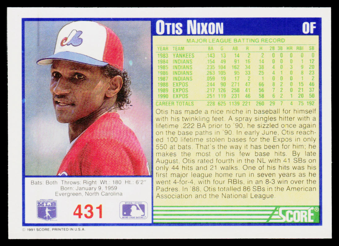 Otis Nixon 1991 Score #431 Montreal Expos