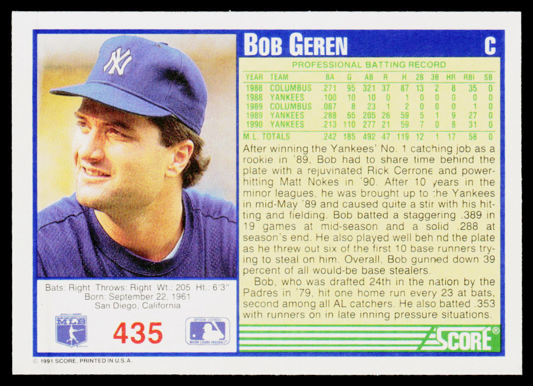 Bob Geren 1991 Score #435 New York Yankees