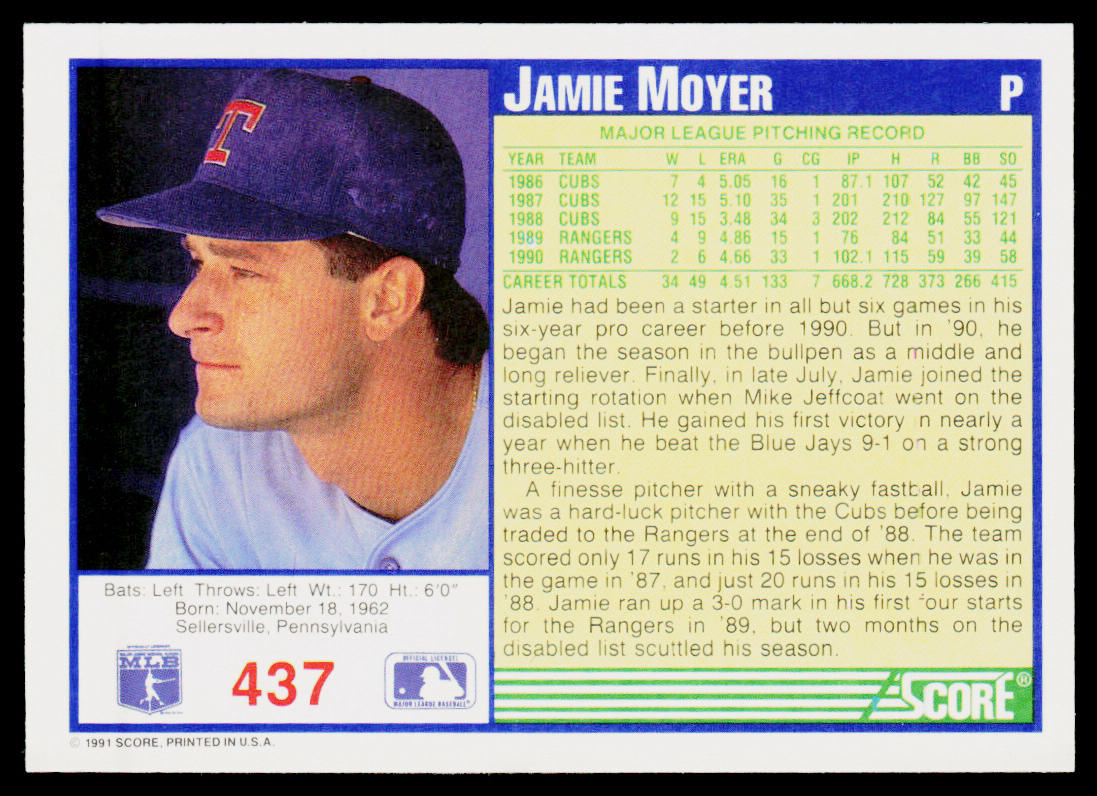 Jamie Moyer 1991 Score #437 Texas Rangers