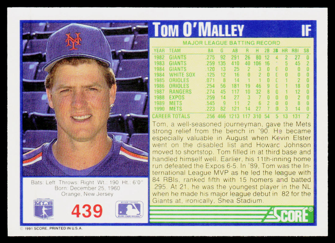 Tom O'Malley 1991 Score #439 New York Mets