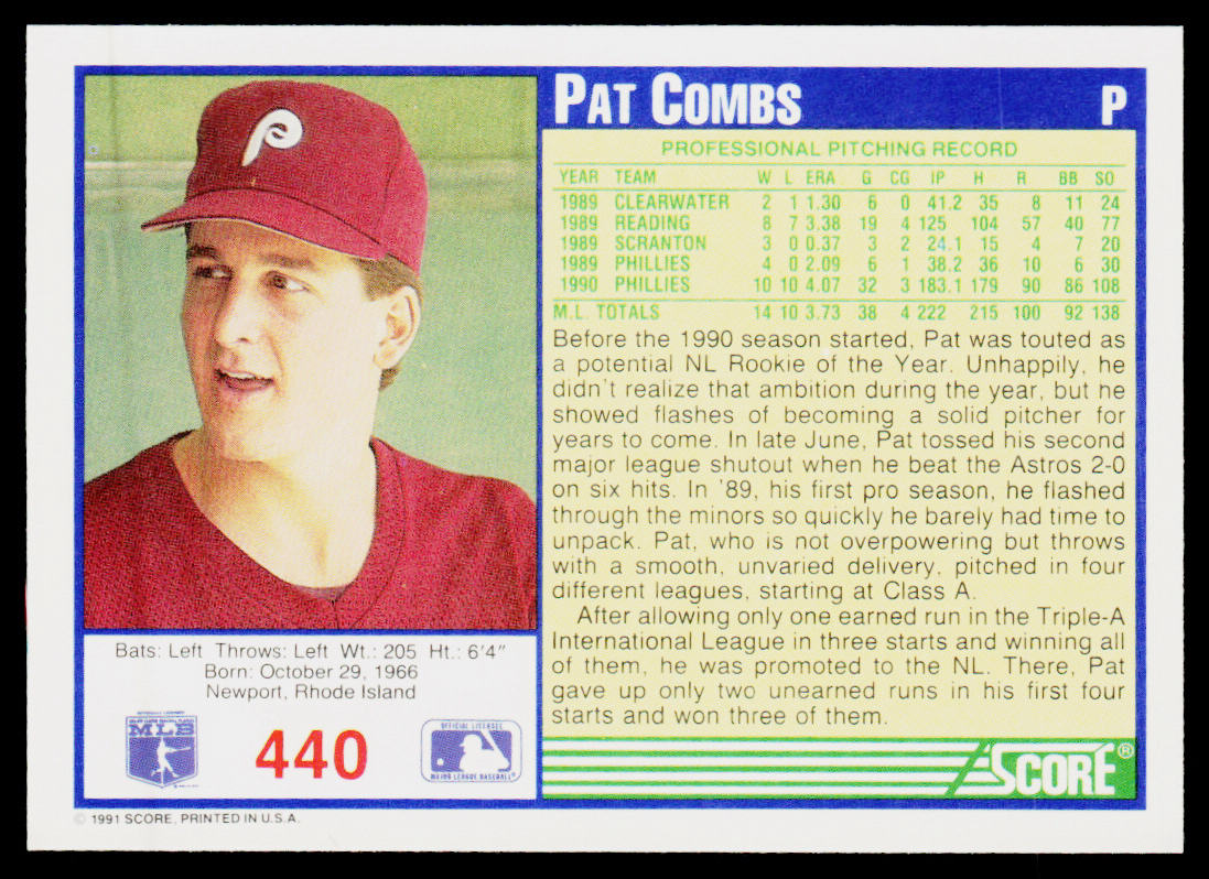 Pat Combs 1991 Score #440 Philadelphia Phillies