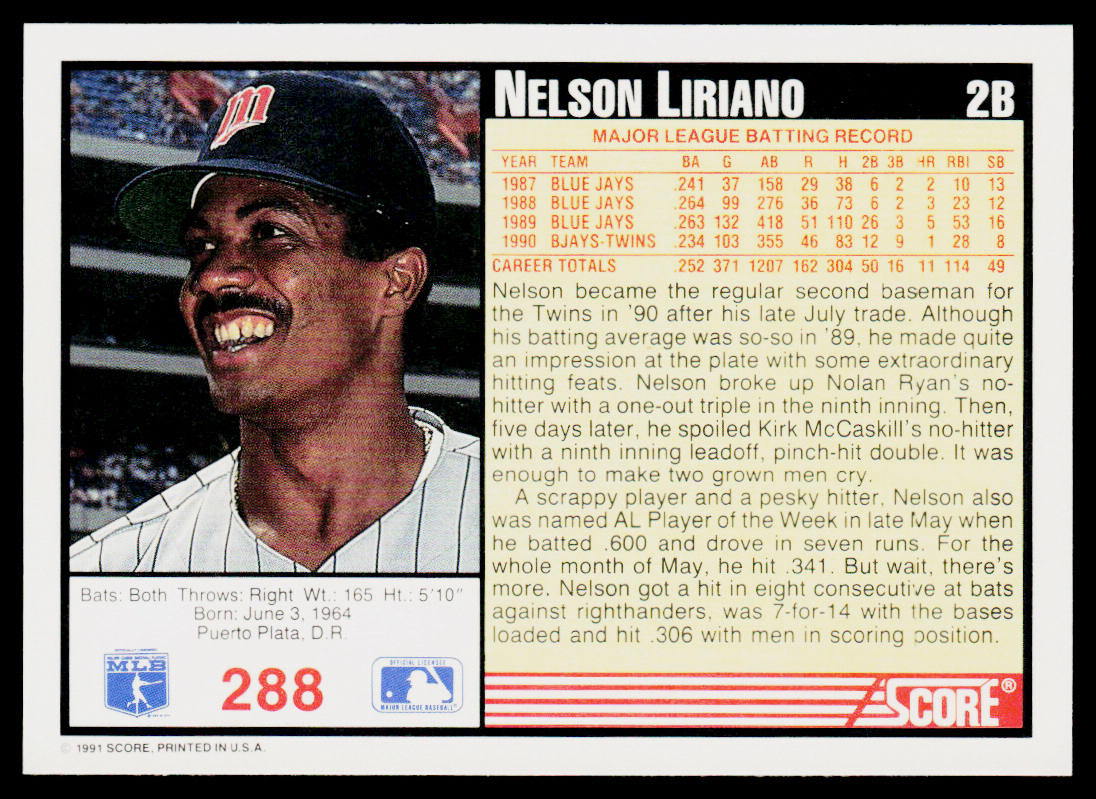 Nelson Liriano 1991 Score #288 Minnesota Twins