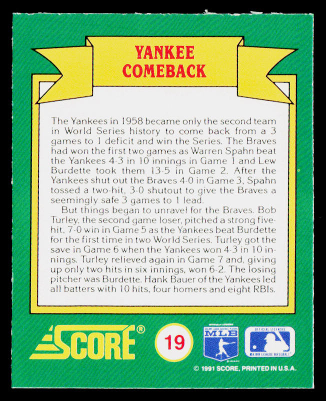 Yankee Comeback 1991 Score Magic Motion: World Series Trivia #19