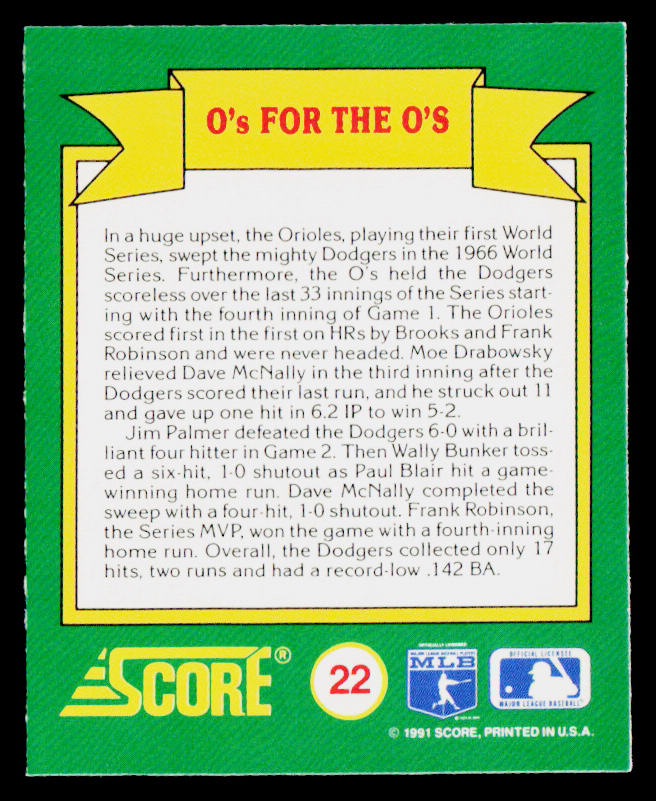 0's for the O's 1991 Score Magic Motion: World Series Trivia #22
