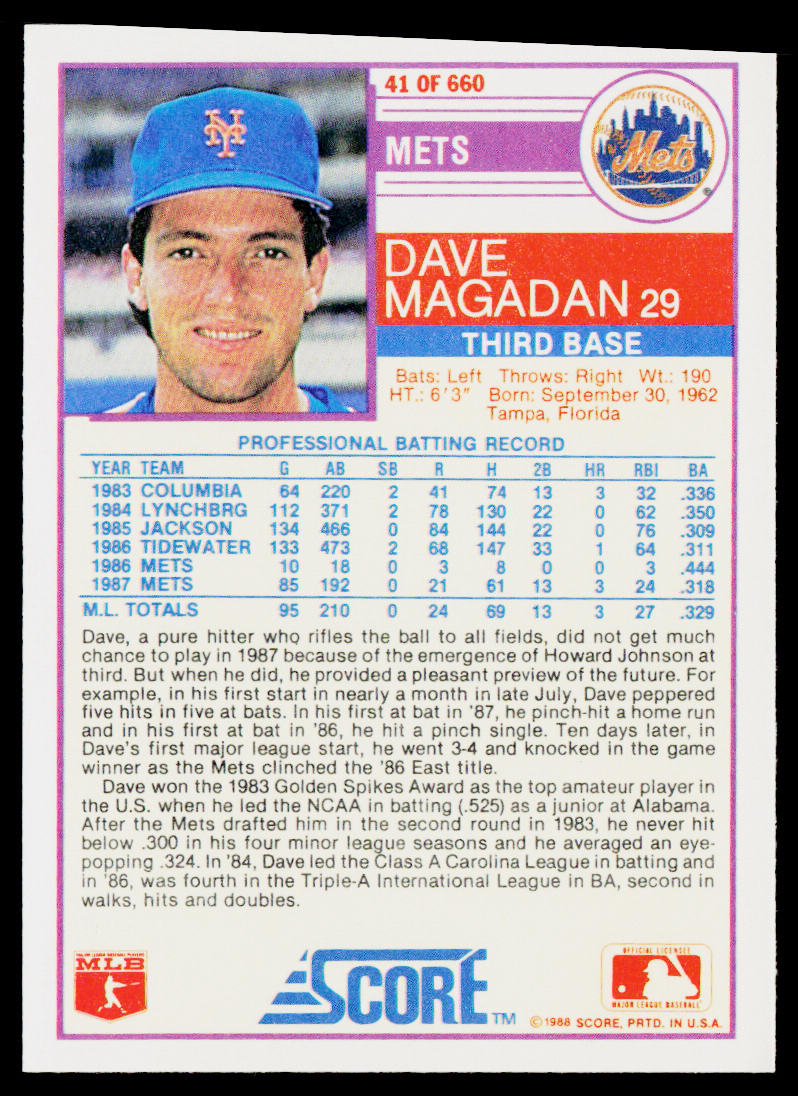 Dave Magadan 1988 Score #41 New York Mets