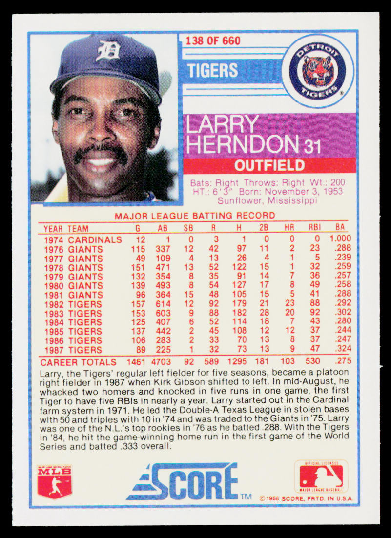 Larry Herndon 1988 Score #138 Detroit Tigers