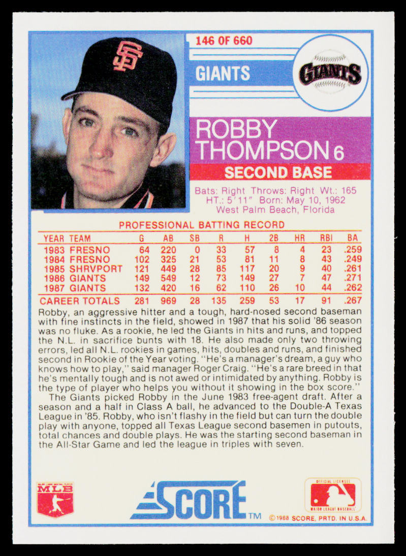 Robby Thompson 1988 Score #146 San Francisco Giants