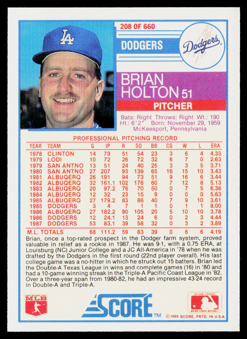Brian Holton 1988 Score #208 Los Angeles Dodgers