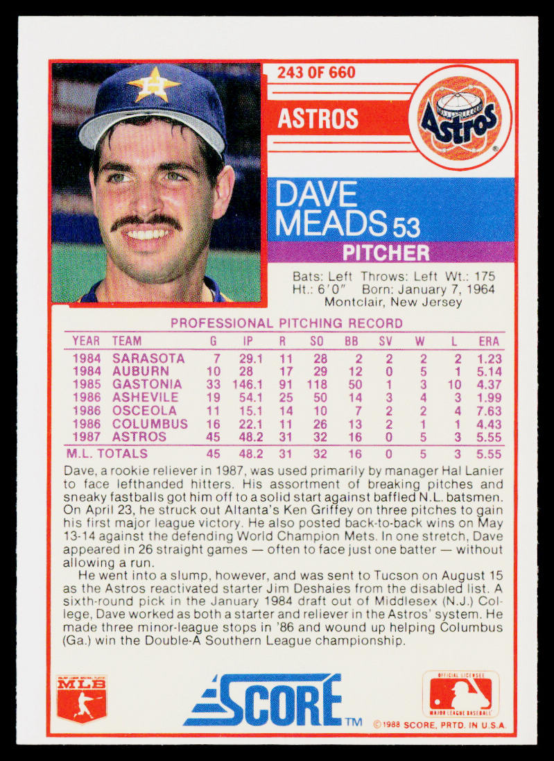 Dave Meads 1988 Score #243 RC Houston Astros