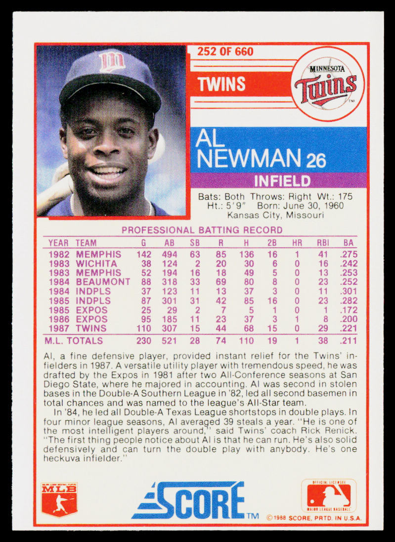 Al Newman 1988 Score #252 Minnesota Twins