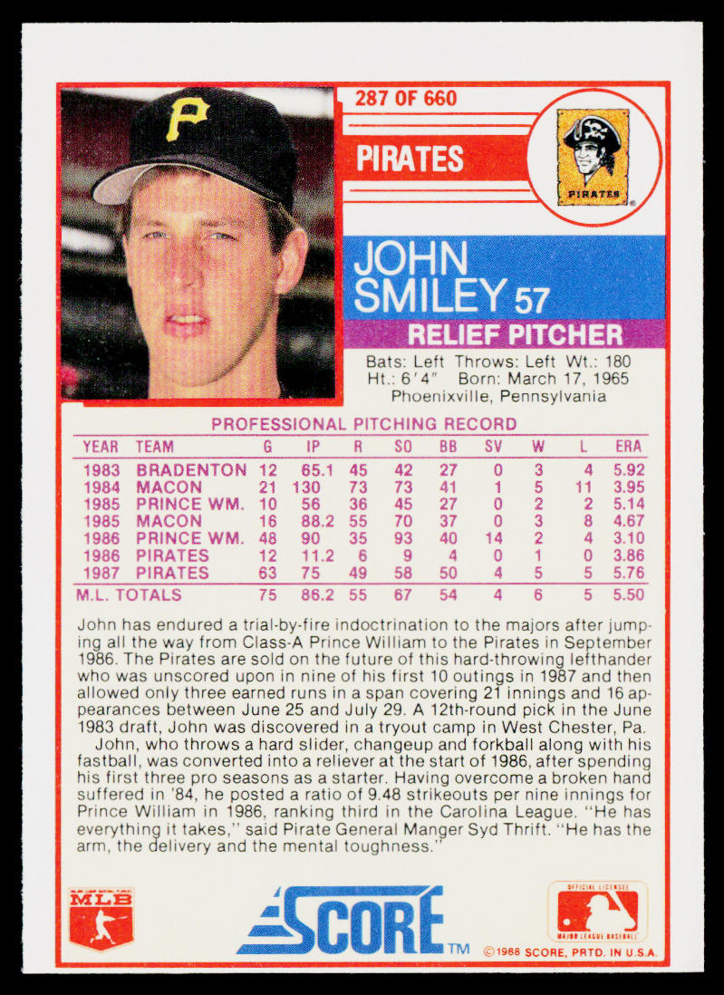 John Smiley 1988 Score #287 RC Pittsburgh Pirates